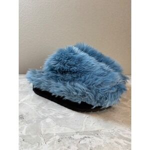 Oobees Blue Fuzzy Faux Fur Platform Slippers Plaid Lining Daisy Mules Womens